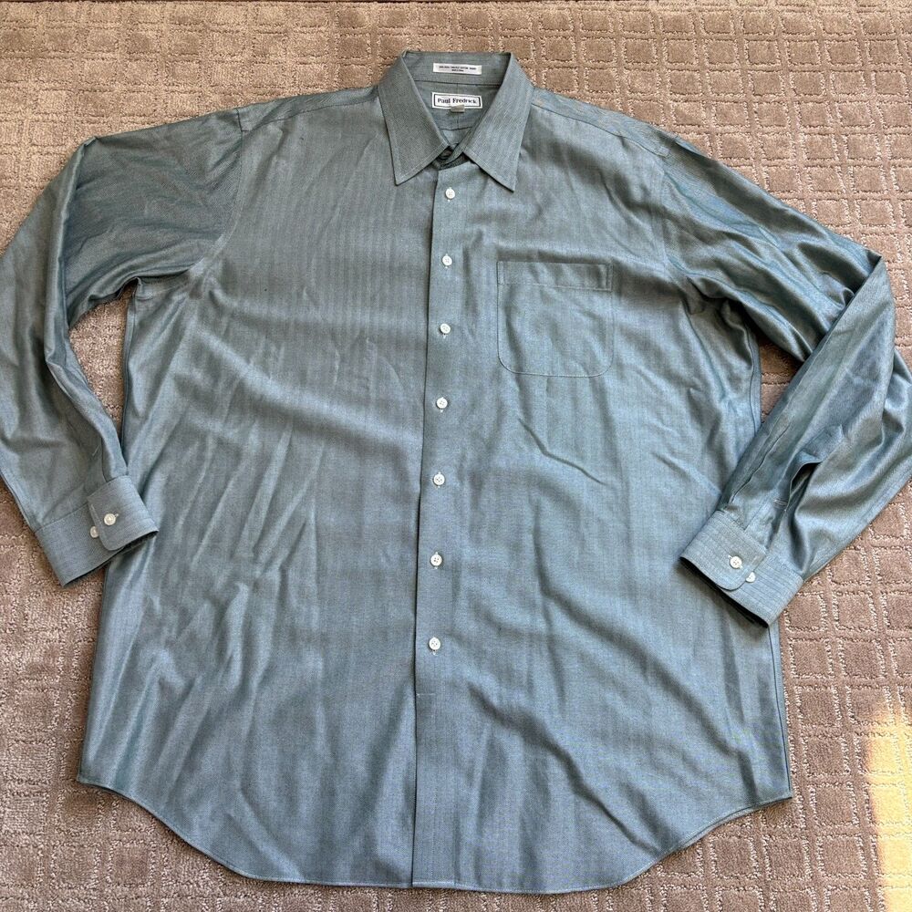 Paul Fredrick Herringbone Button Down Shirt Mens 17.5-37 Navy White Non Iron